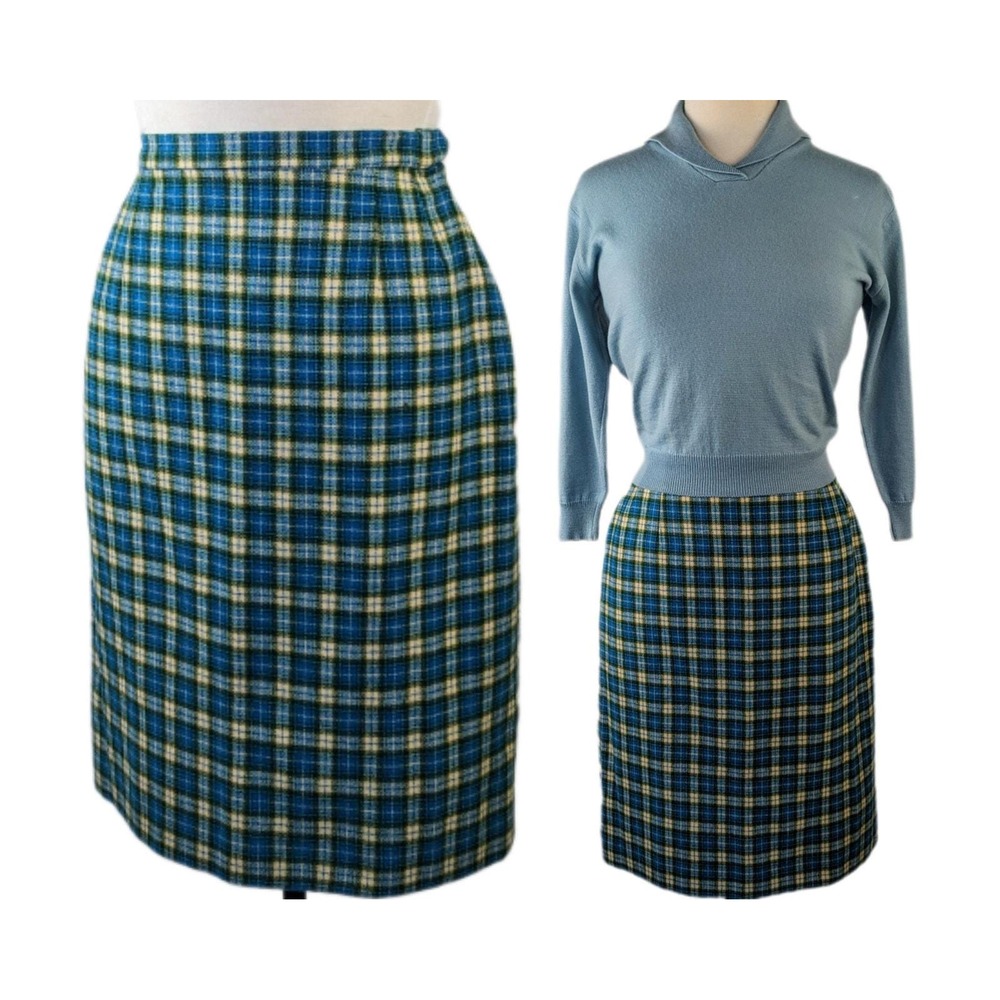 1960s blue and green plaid vintage‎ Pendleton wool pencil skirt